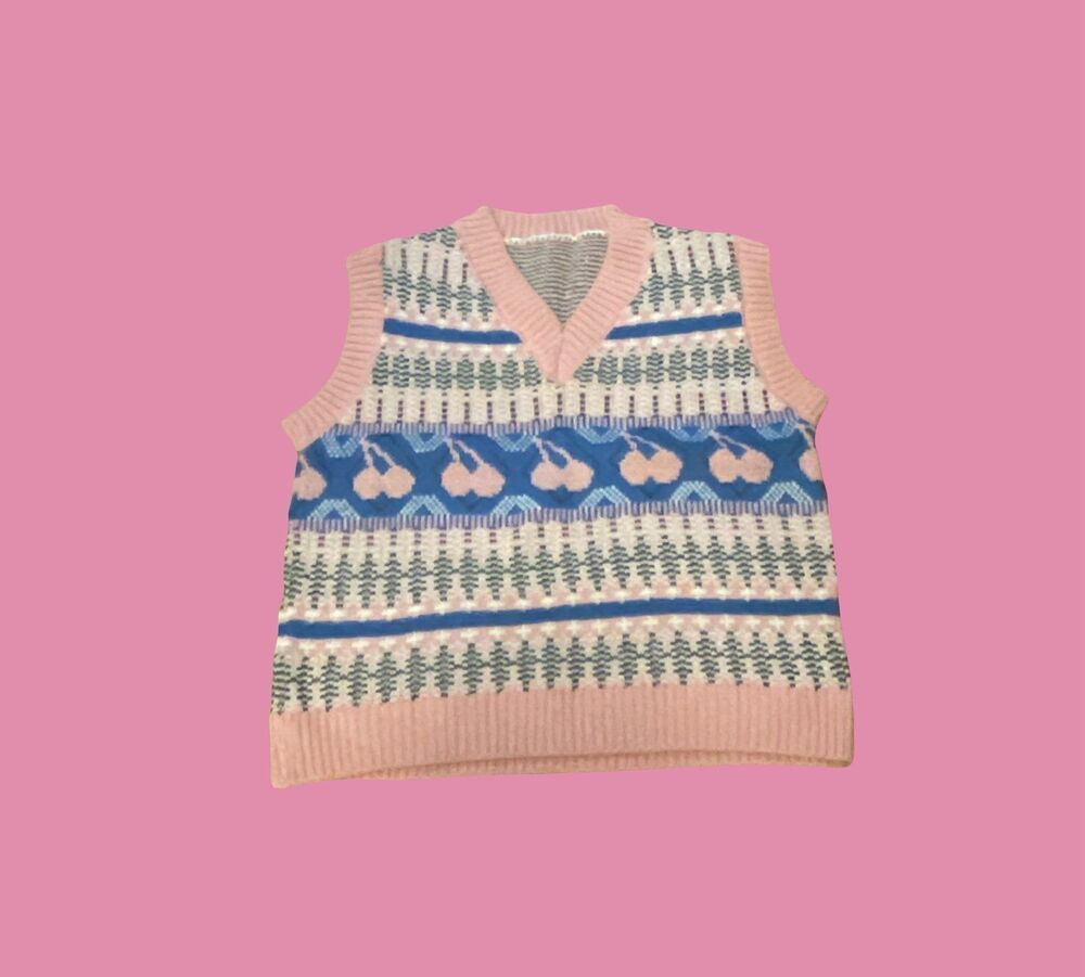 Cute Sweater Vest pink & blue cherry kint pattern v neck